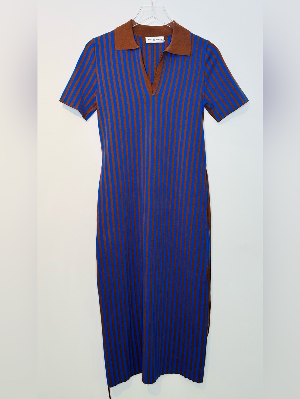 Tory Burch Chocolate Brown Soufflé Electric Blue Ink Striped Polo Midi Dress - Picture 14 of 15